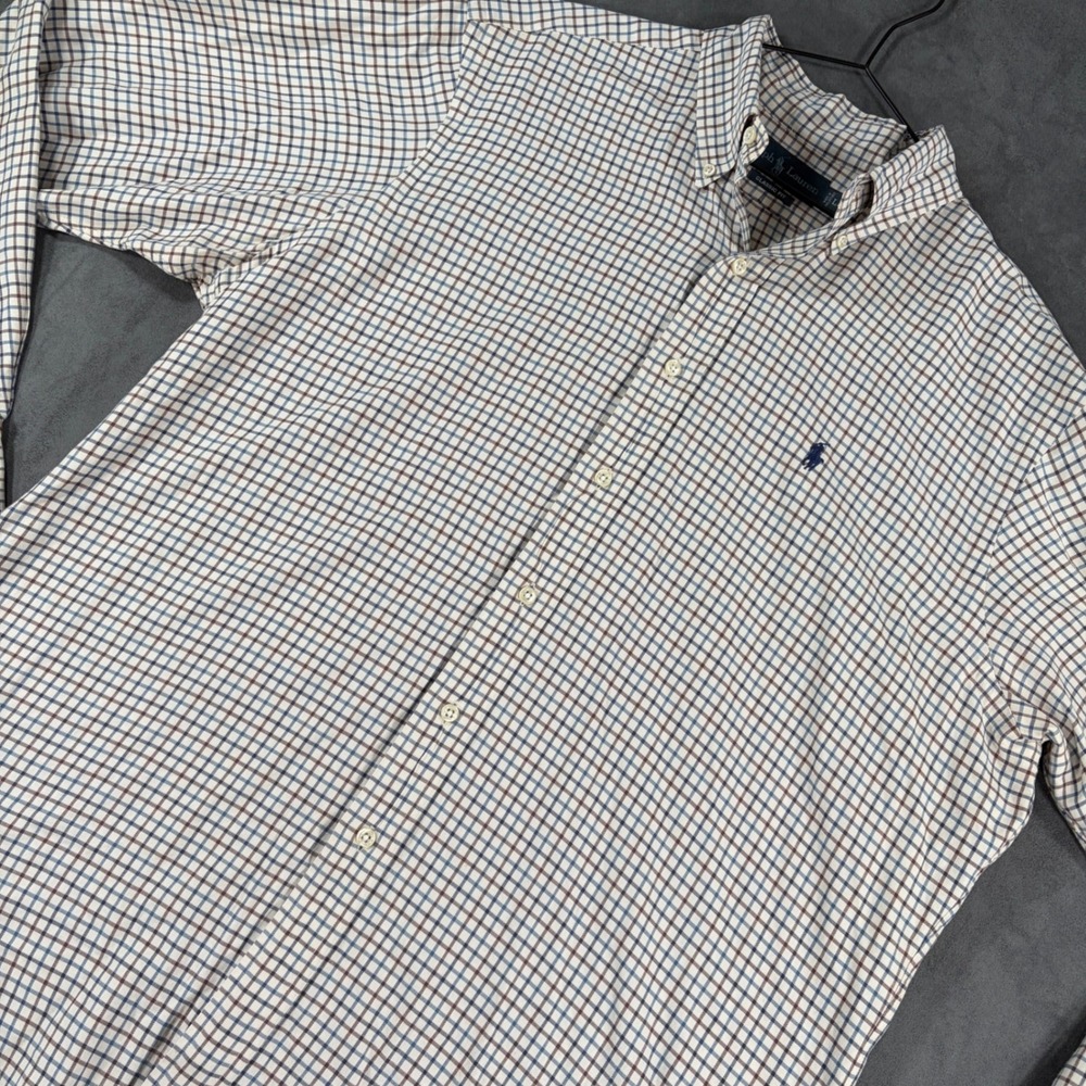Polo Ralph Lauren Mens Large Classic Fit Plaid Button Down Shirt Blue Brown Pony